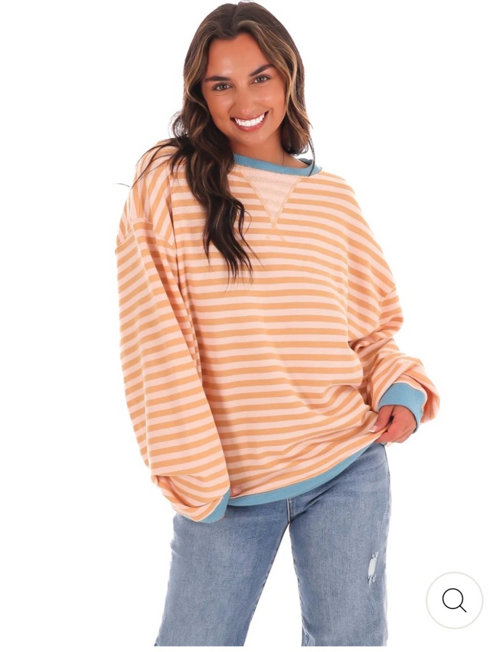 Striped Peach Crewneck Sweatshirt with Blue Trim - Women